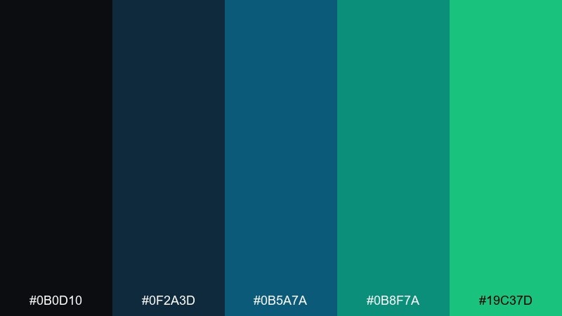 midnight reef black blue green color palette with hex codes