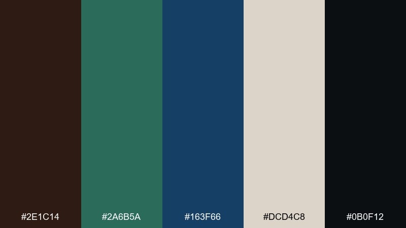 midnight seagrass brown green blue color palette with hex codes