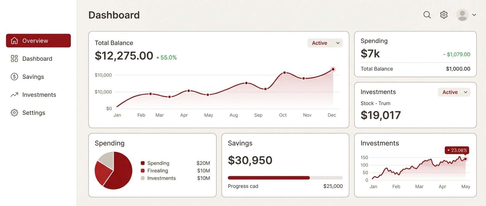 finance dashboard with oxblood accents