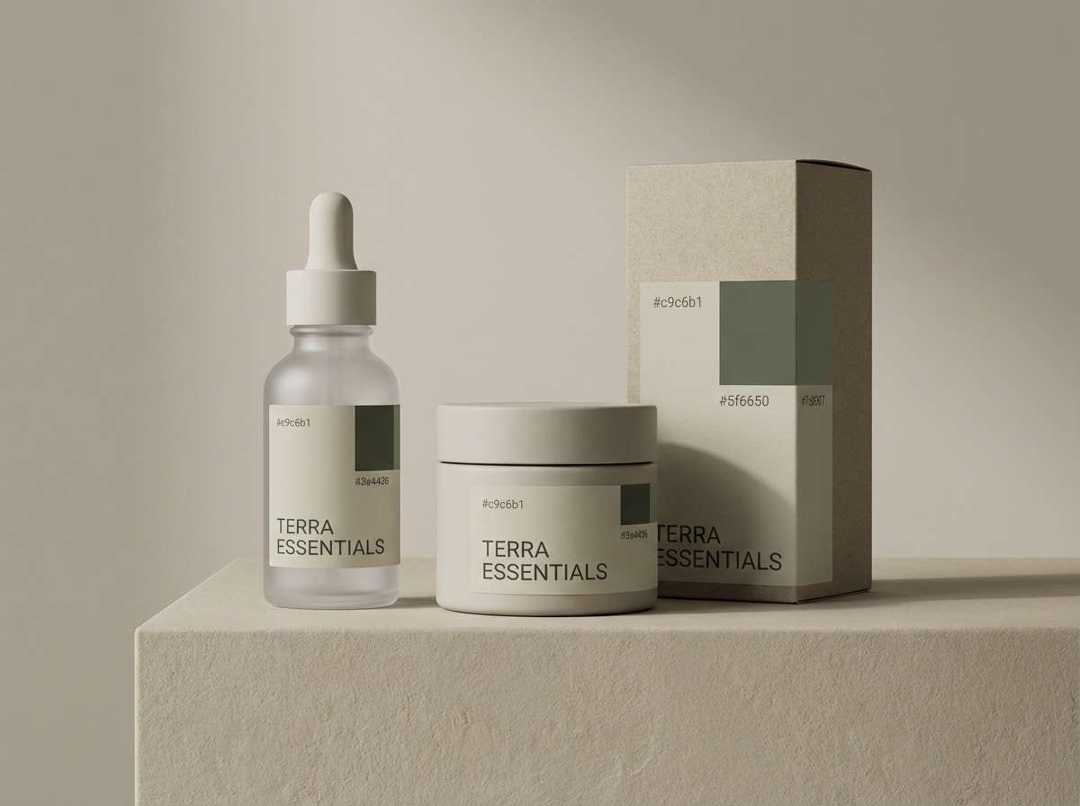 minimal skincare box bottle in drab color scheme