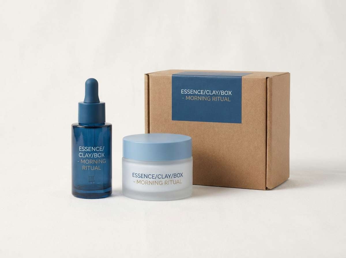 minimal skincare packaging in french blue color scheme