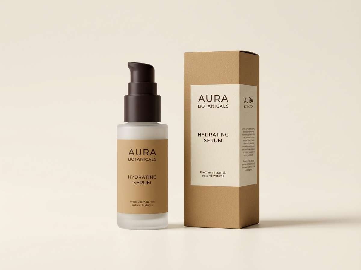 minimal skincare packaging in desert linen camel color scheme
