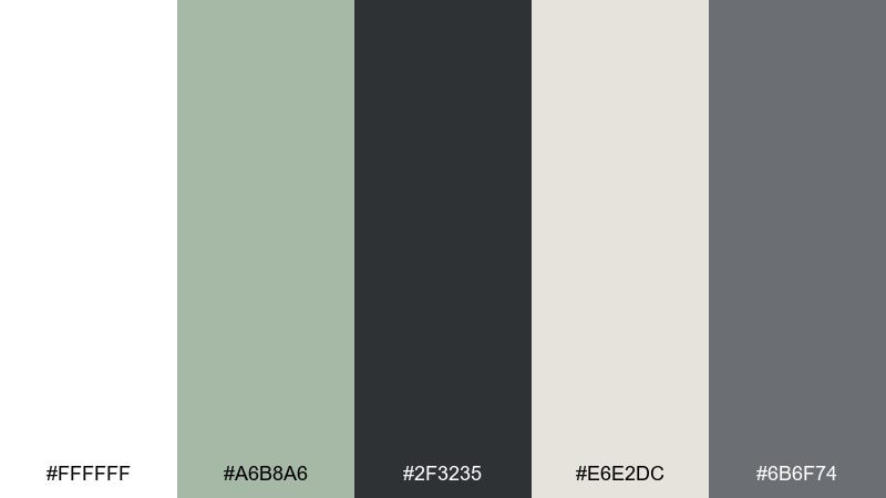 minimal white sage charcoal wedding color palette with hex codes