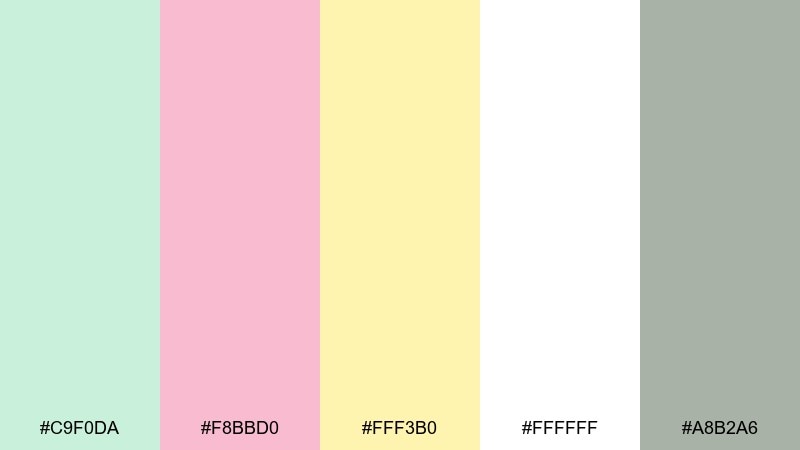 mint macaron pastel pink green yellow color palette with hex codes