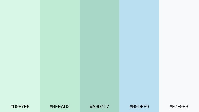 minty cloud pastel blue green color palette with hex codes