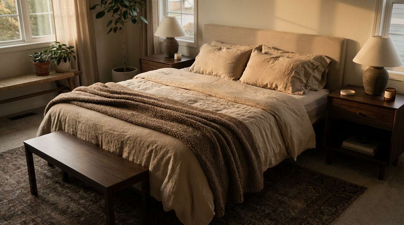 cozy bedroom in mocha neutrals