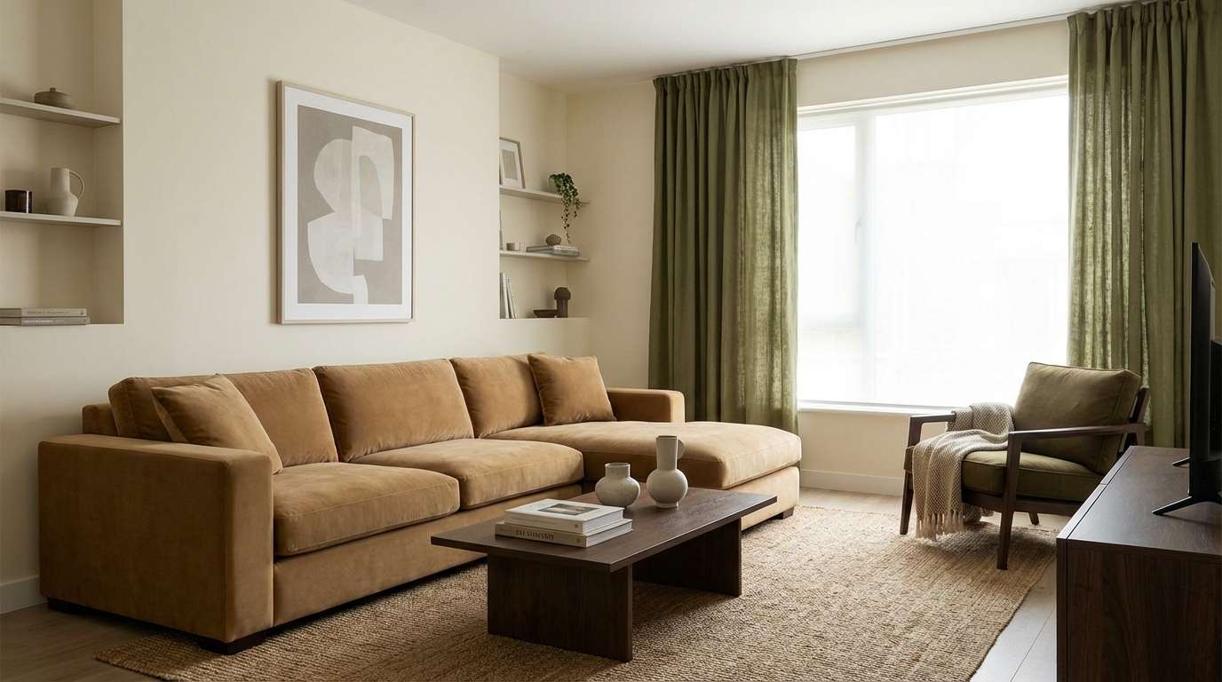 modern living room in camel tones