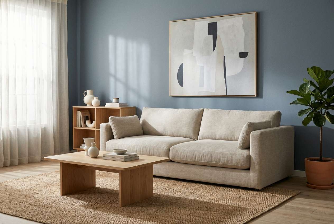 living room in blue gray neutrals