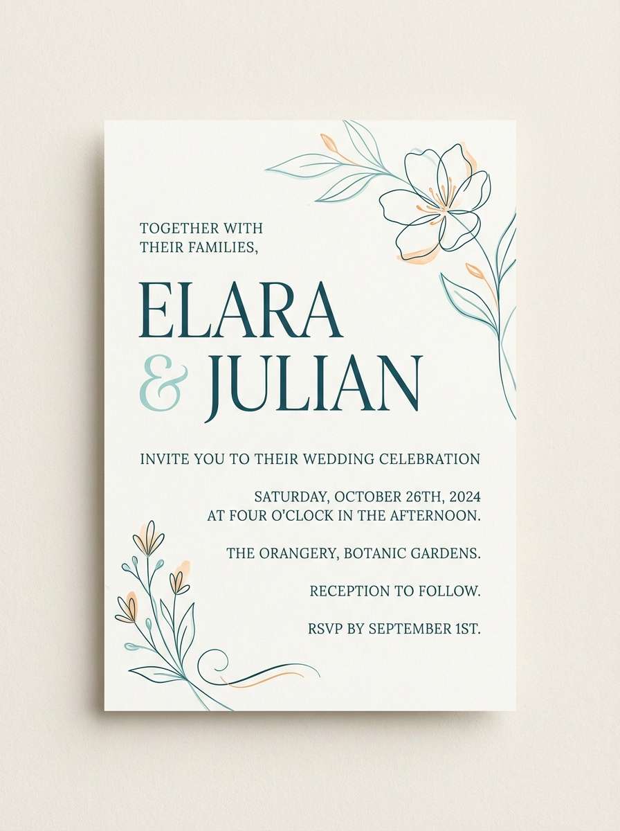 modern wedding invite in blue green orange color palette