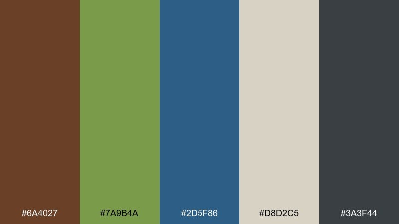mossy denim brown green blue color palette with hex codes