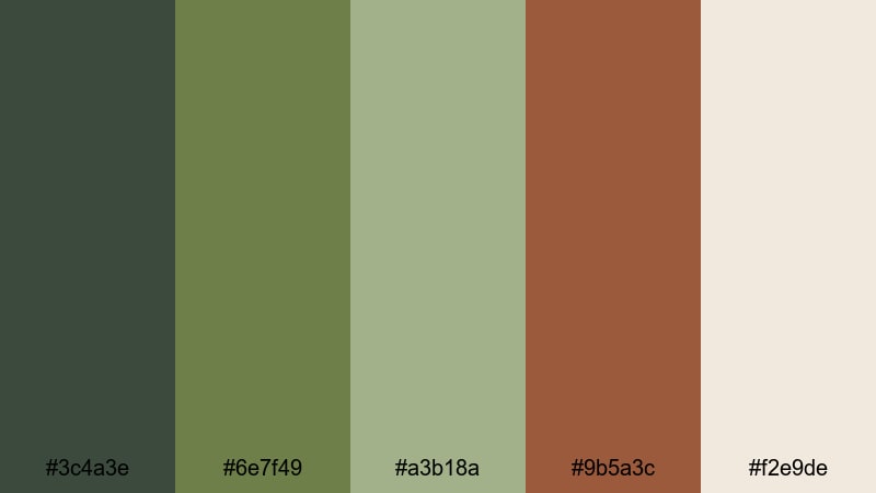 mossy terracotta color palette with hex codes