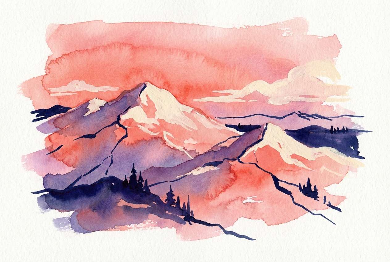watercolor mountain at sunset