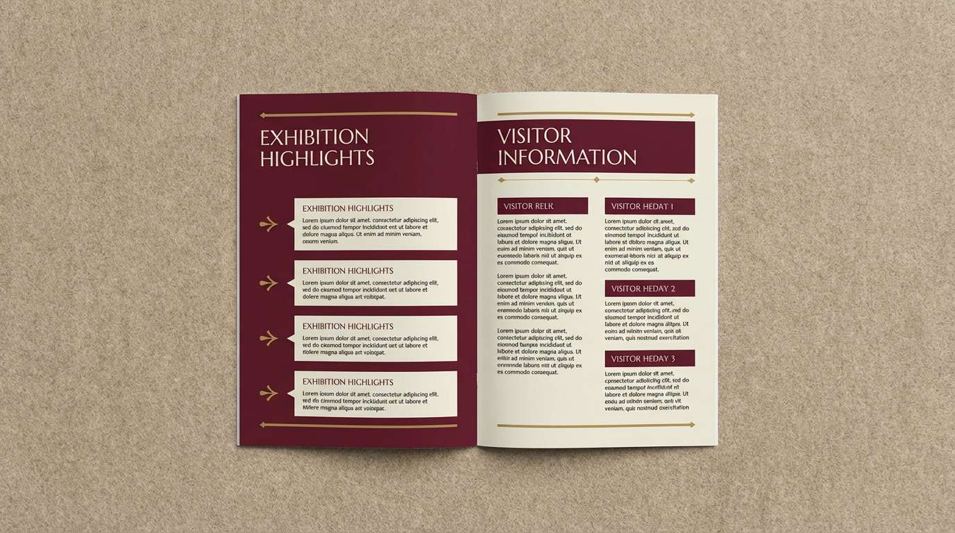 maroon and gold museum brochure editorial layout design