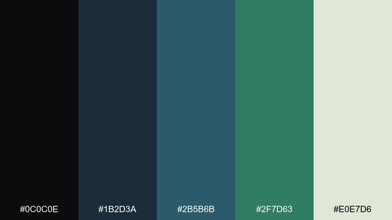 museum night black blue green color palette with hex codes
