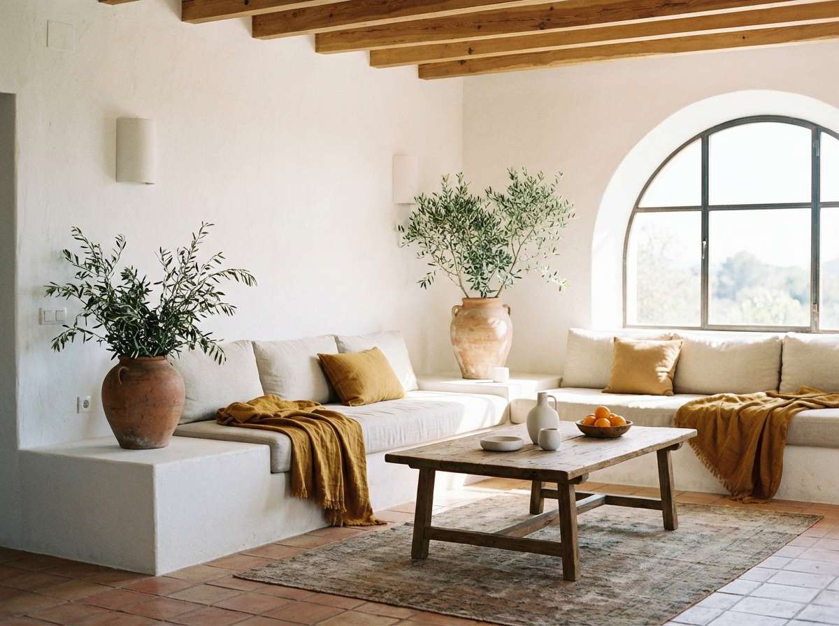 sunlit stucco living room