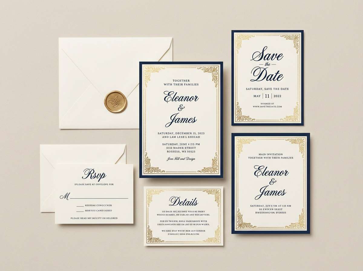 navy gold wedding invitation