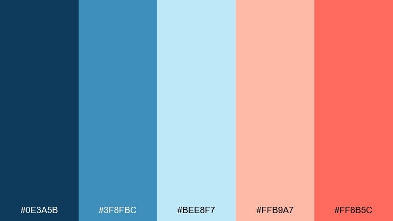 neon-free pop blue and peach color palette with hex codes