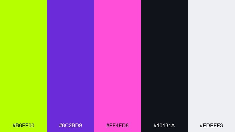 neon lime and plum pop harlequin color palette with hex codes