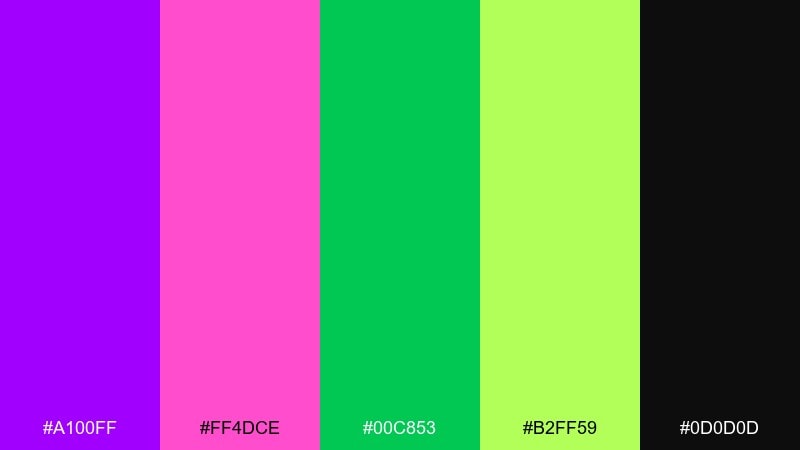 neon orchid green circuit color palette with hex codes
