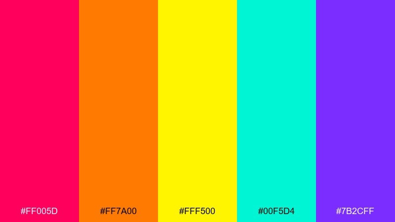 neon spectrum night rainbow color palette with hex codes