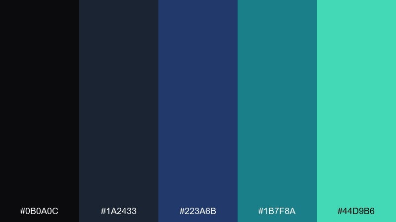 night market black blue green color palette with hex codes