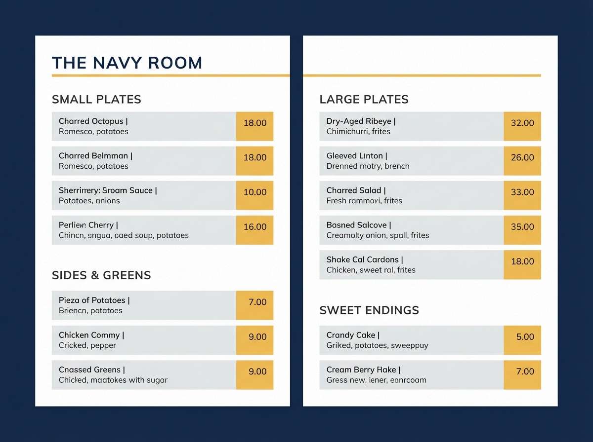 menu design in navy and yellow