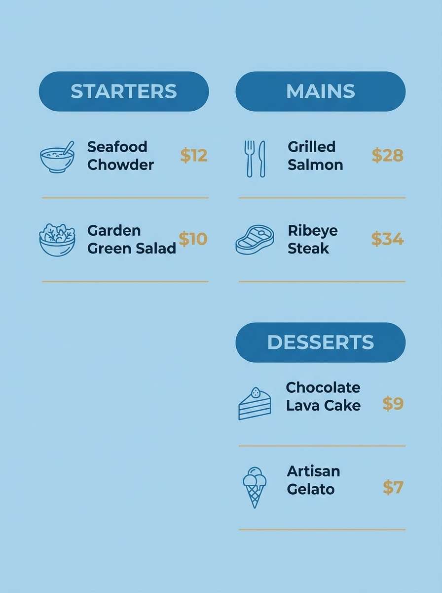 coastal restaurant menu layout