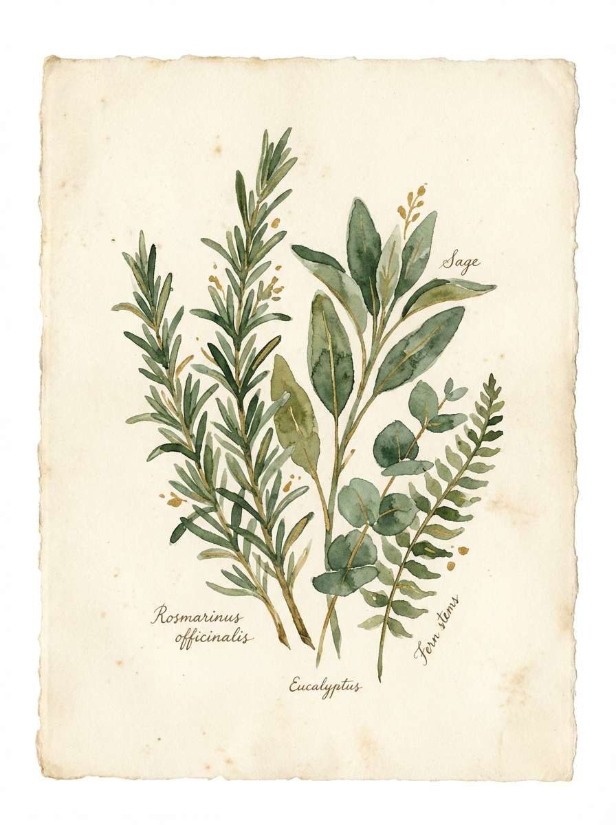 watercolor herbs on cream