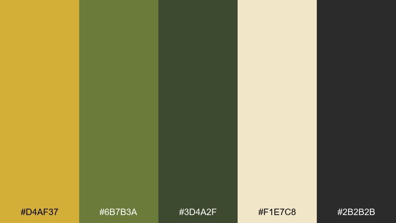 olive and gold accent color palette with hex codes