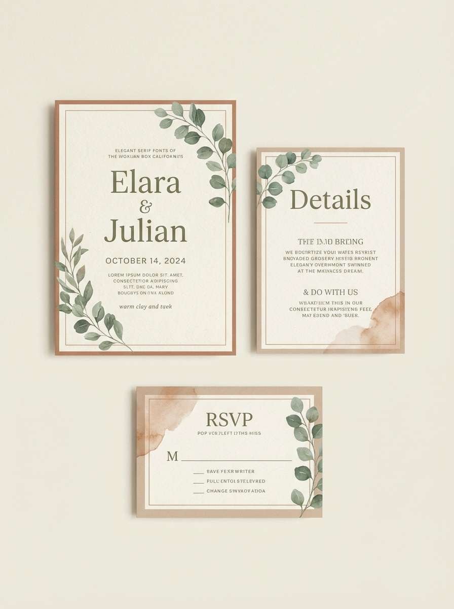 wedding invite suite with olive tones