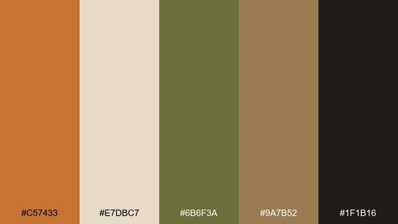 olive kiln raw sienna color palette with hex codes
