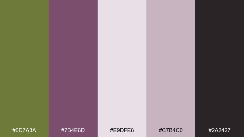 olive orchid dusk color palette with hex codes