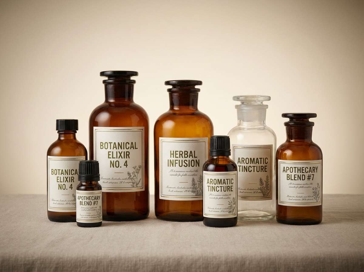 apothecary labels in olive tones