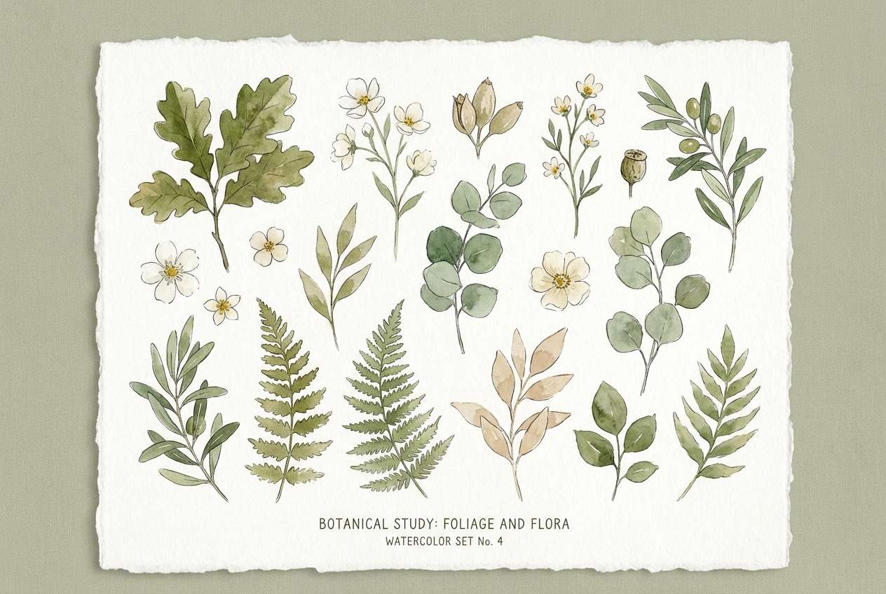 watercolor leaves in soft greens