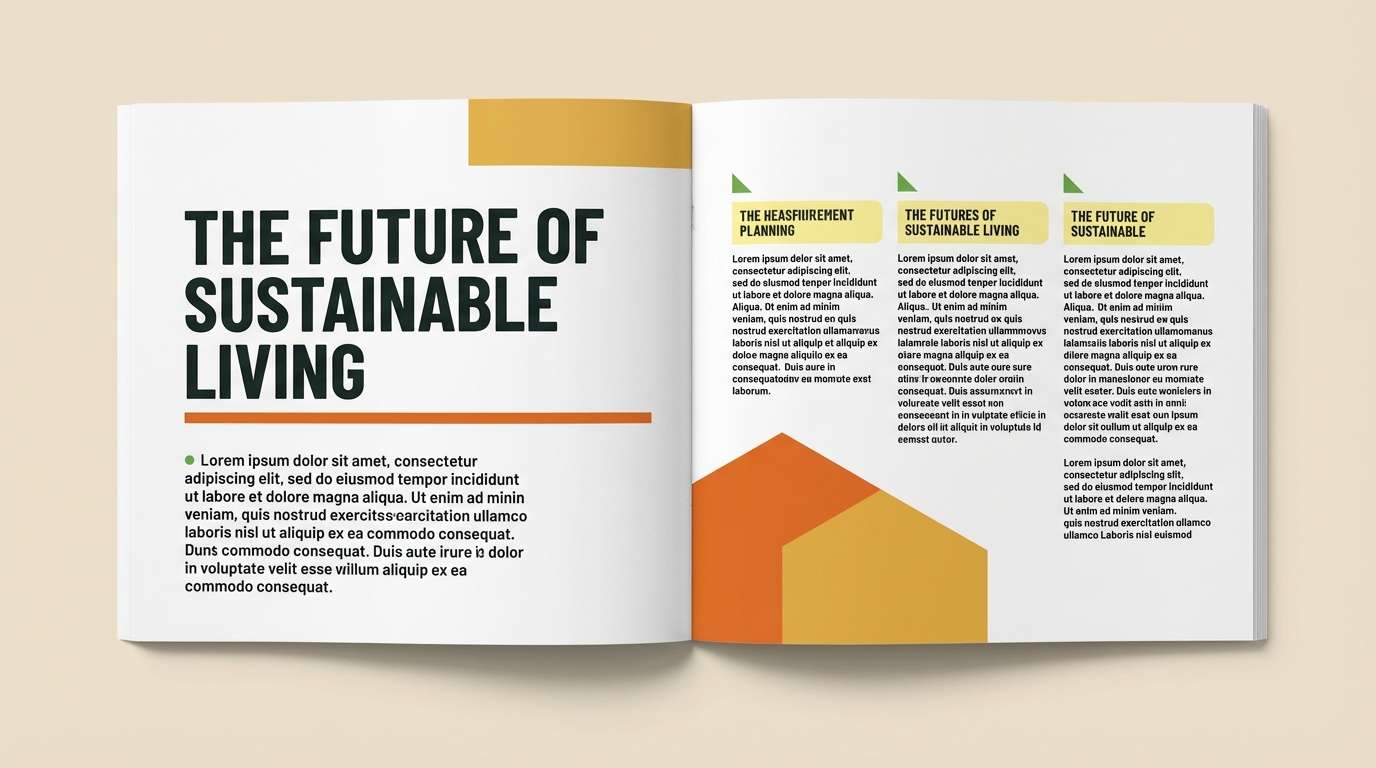 editorial layout spread in green yellow orange color palette