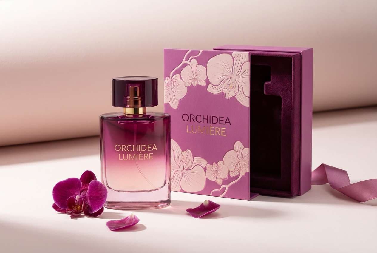 perfume packaging in orchid tones