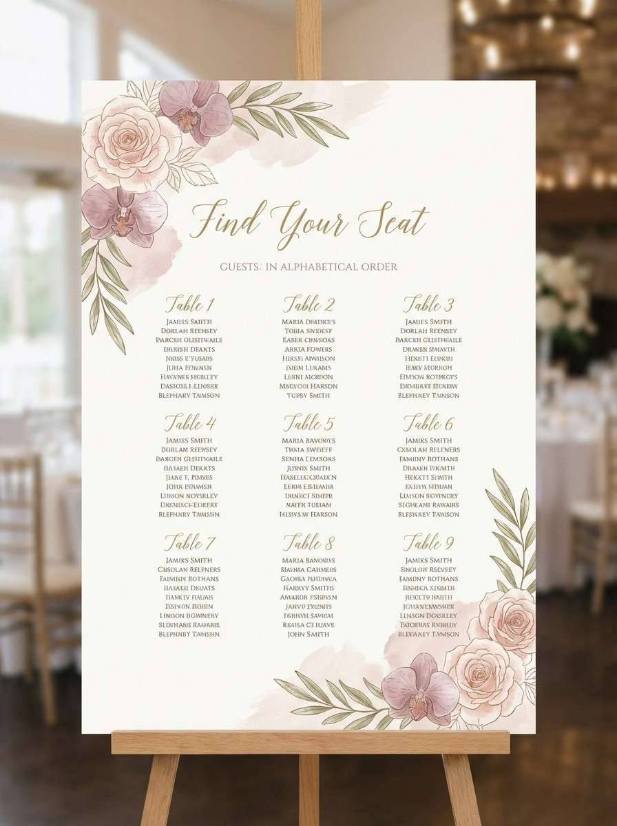 wedding seating chart in rose orchid