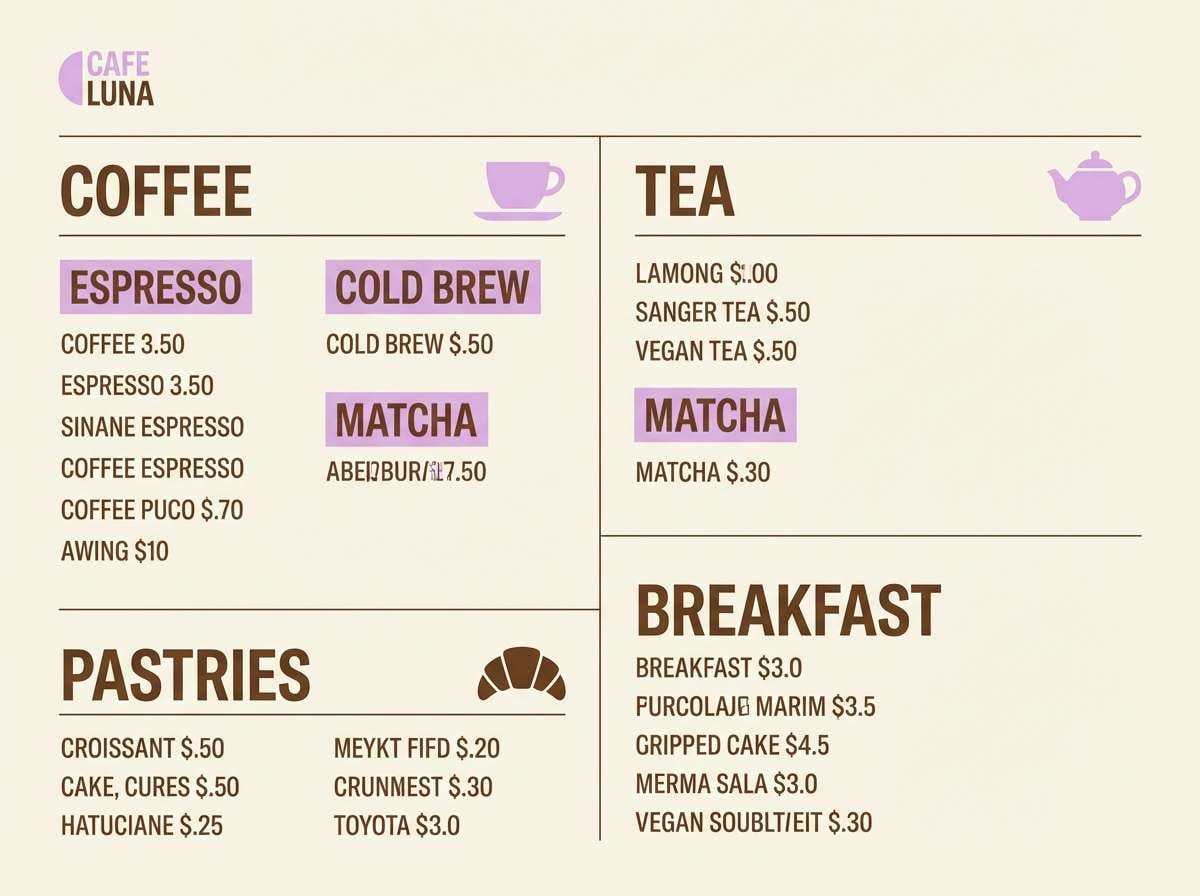 cafe menu in lilac and brown