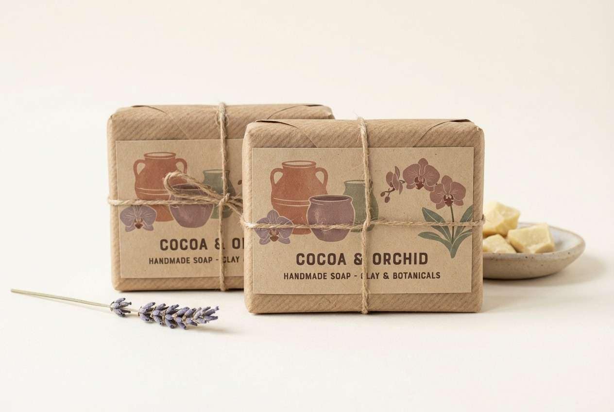handmade soap packaging in orchid clay