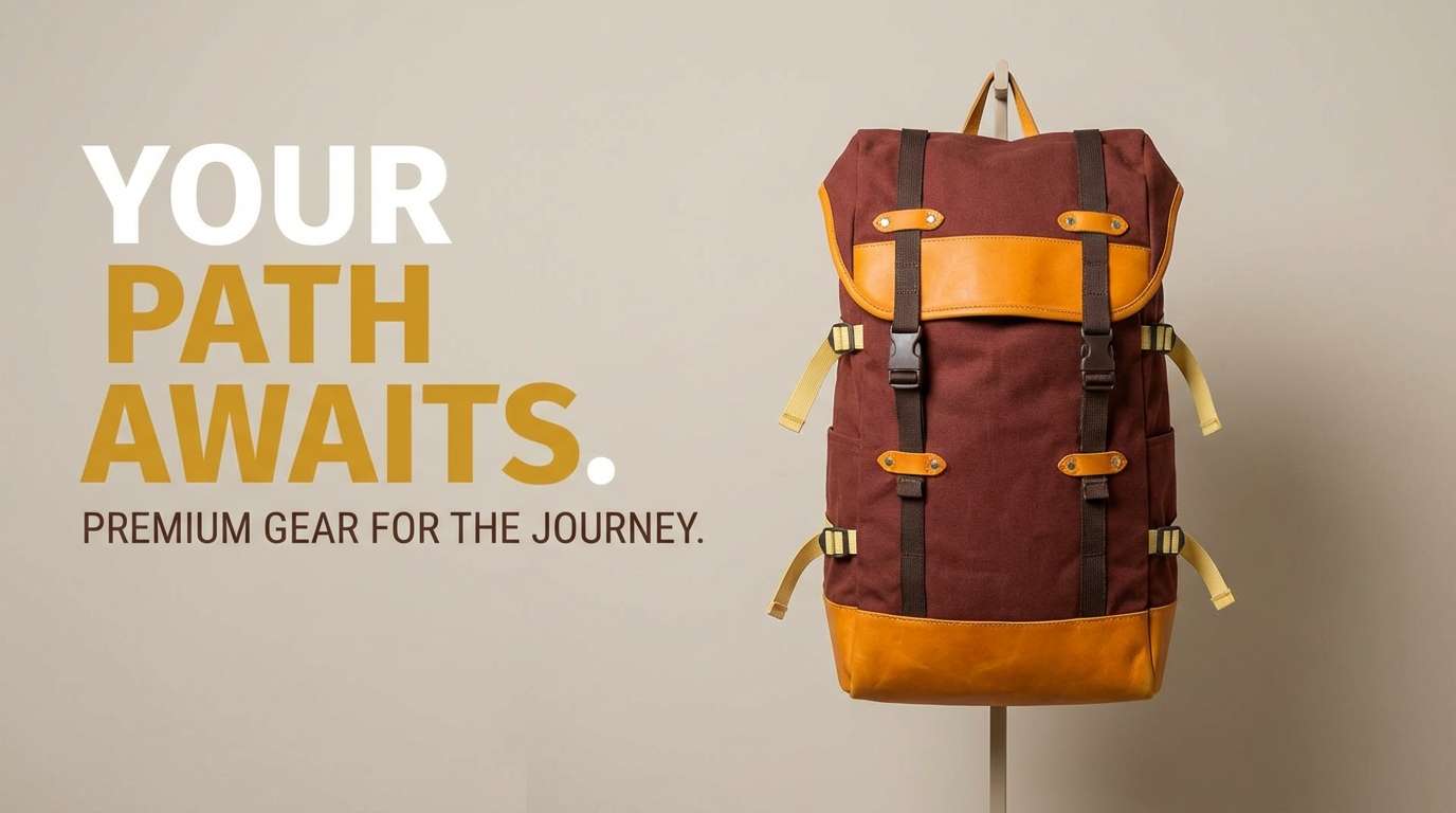 hiking backpack ad banner in brown yellow orange color scheme