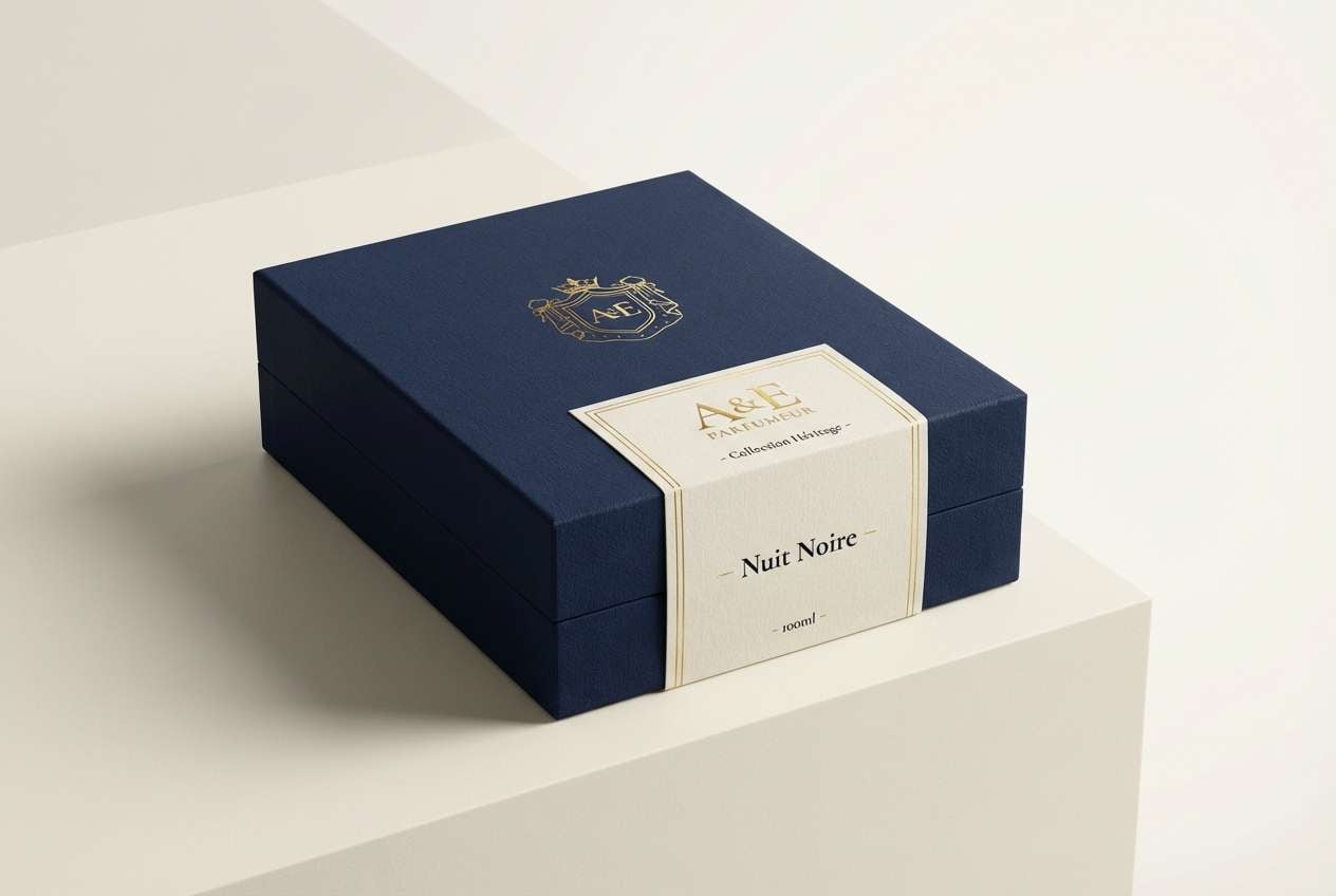 navy gold product packaging