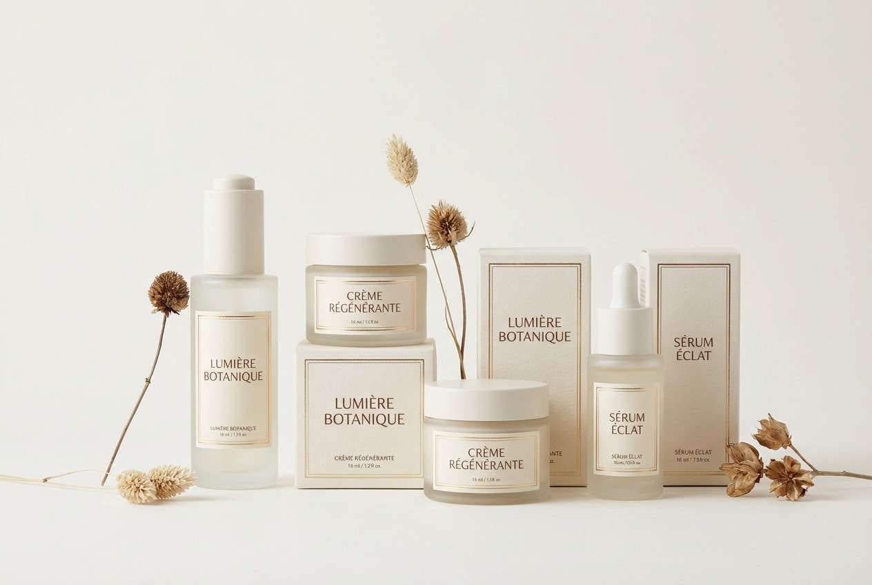 skincare packaging in pale gold
