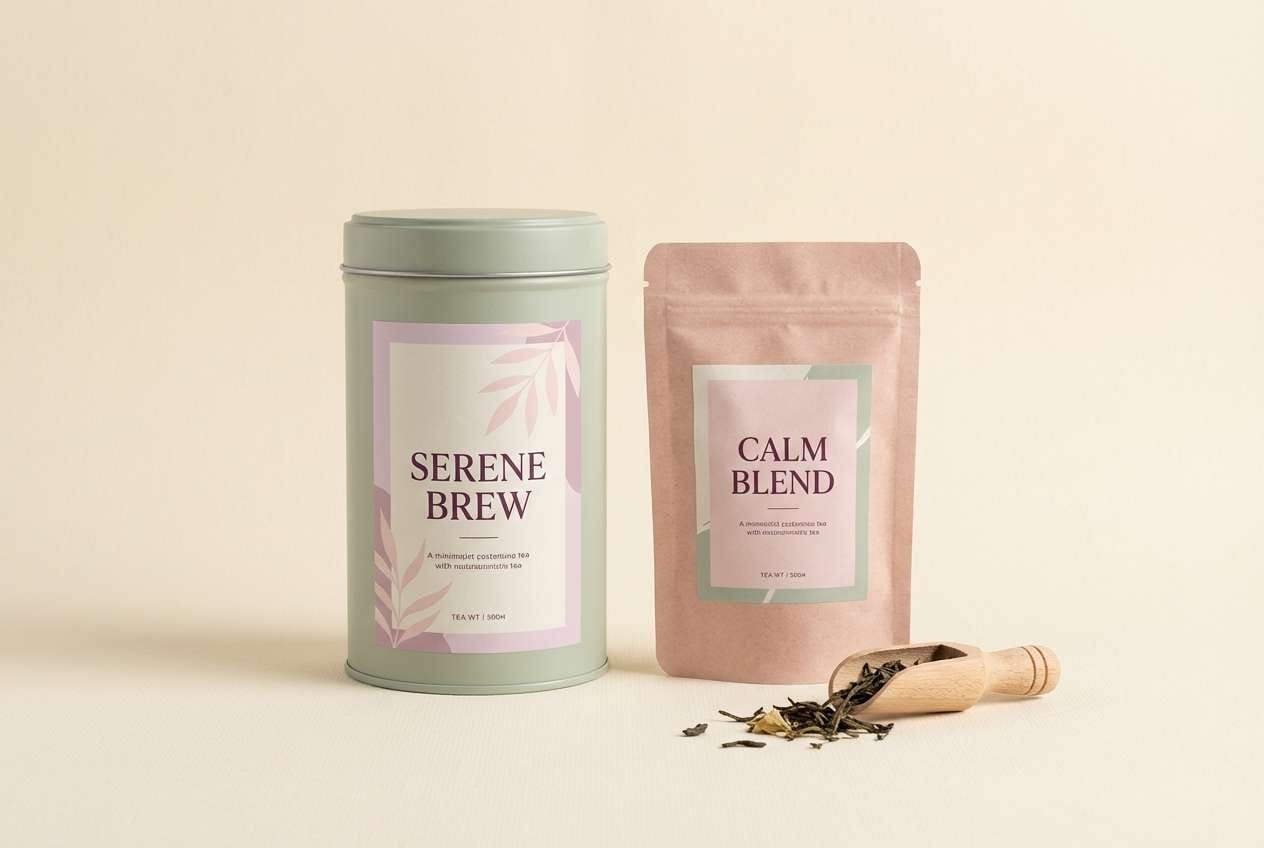 tea packaging in blush and sage