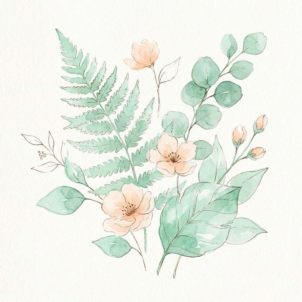 watercolor botanicals in peach mint
