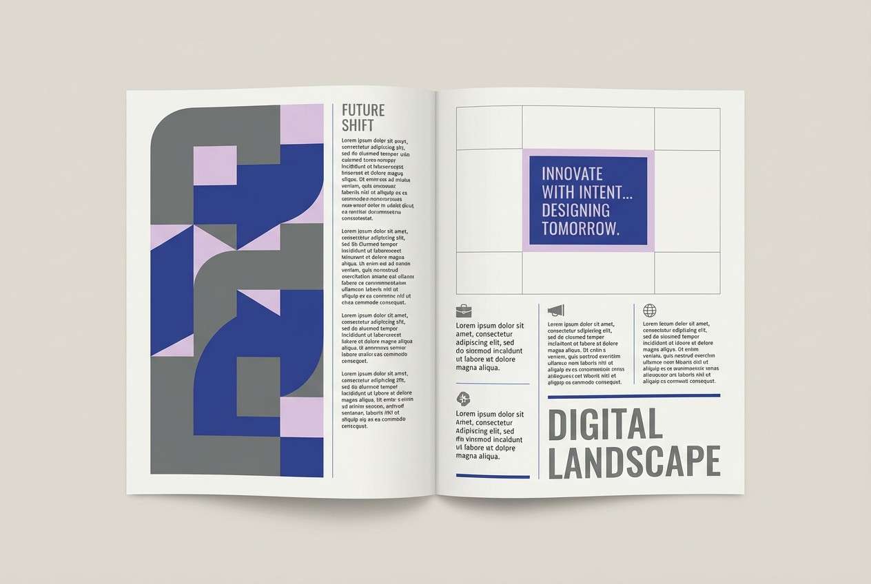 editorial spread with blue accents