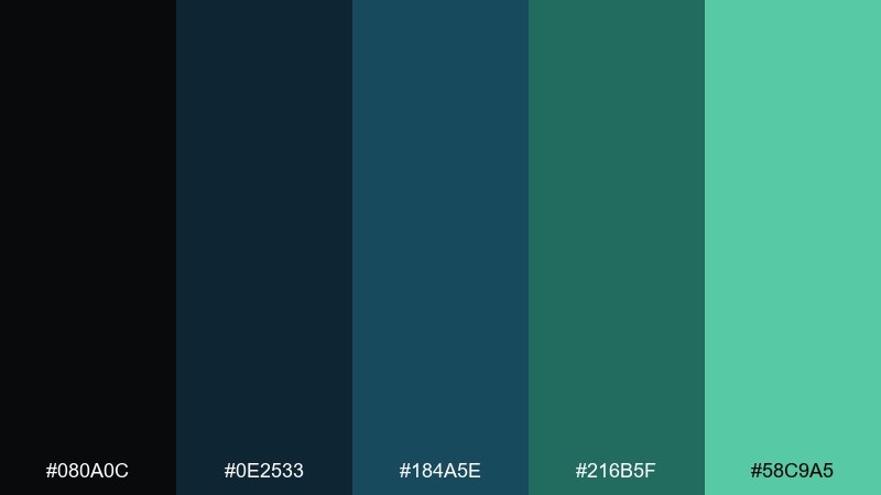 pine and petrol black blue green color palette with hex codes
