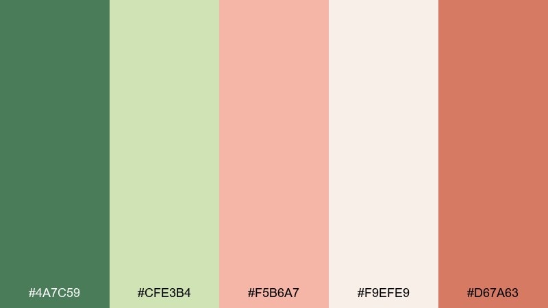 pistachio blush green peach color palette with hex codes