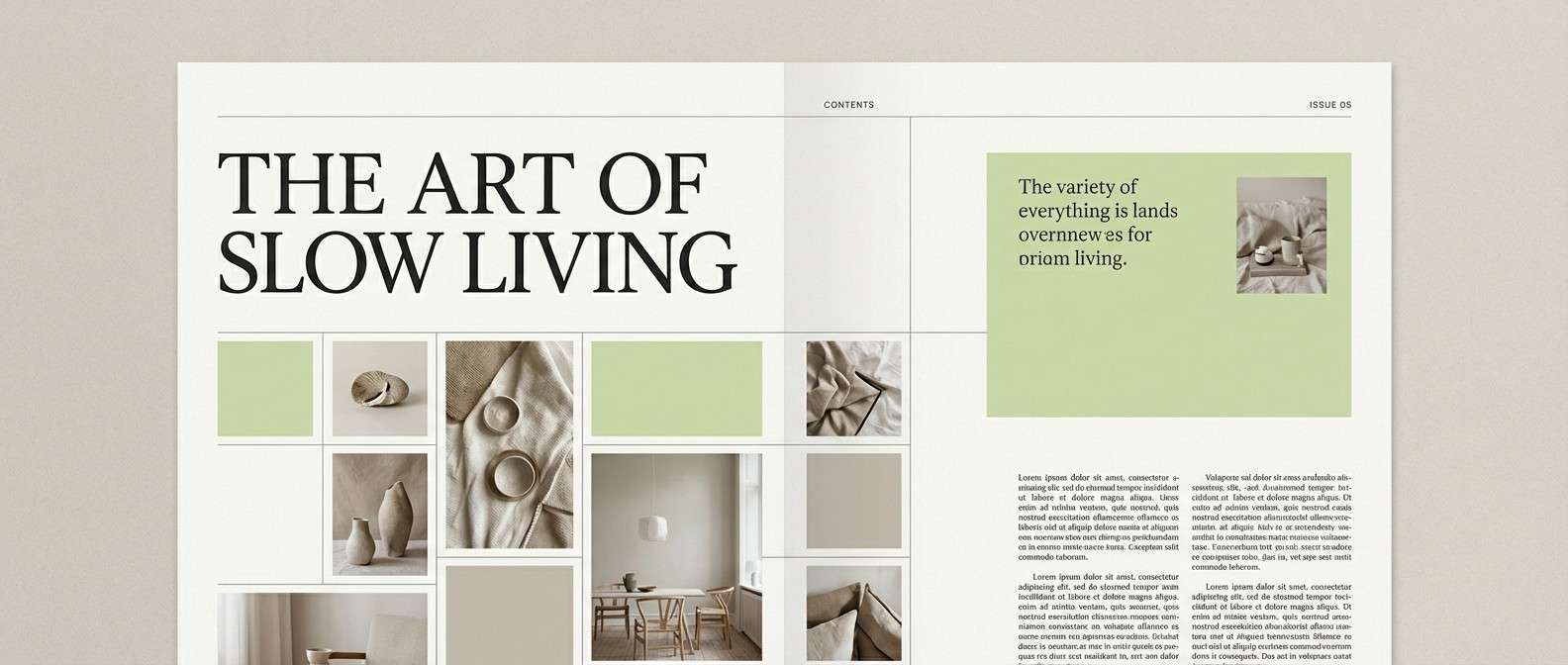 minimal editorial layout in green