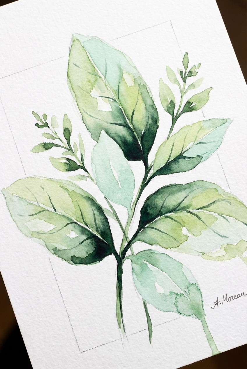watercolor green botanical leaves