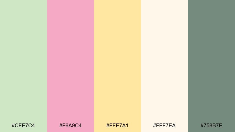 pistachio petals pastel pink green yellow color palette with hex codes